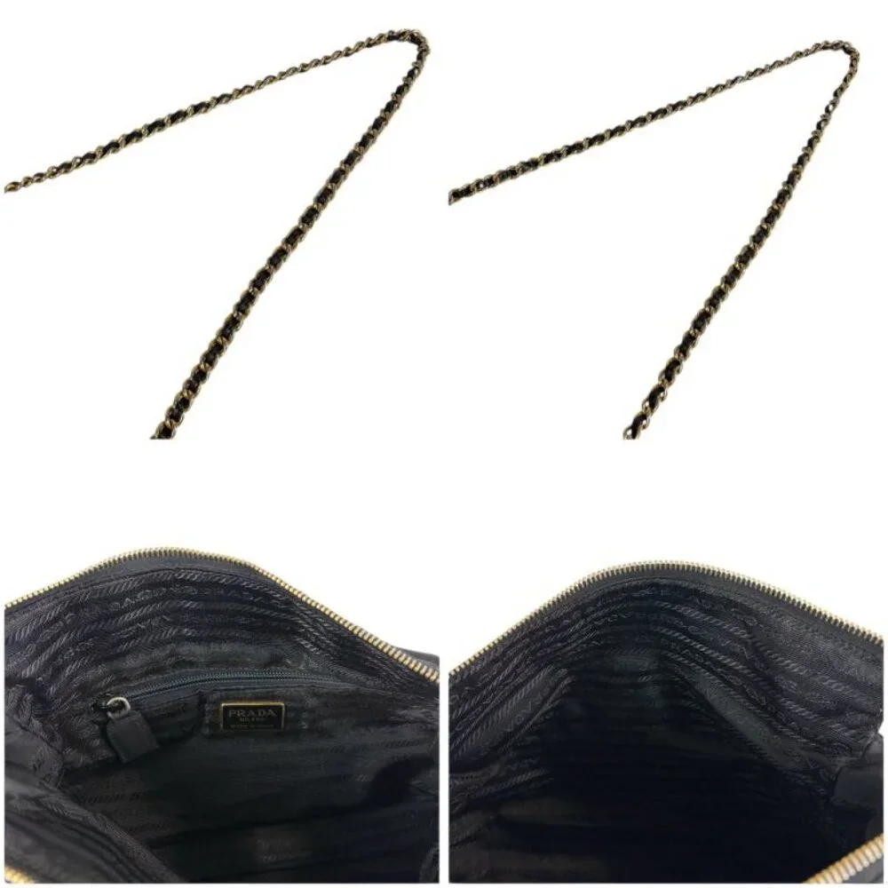 Prada Quilted Chain Shoulder Bag Triangle Logo Black Tessuto Nylon - Picture 9 of 10